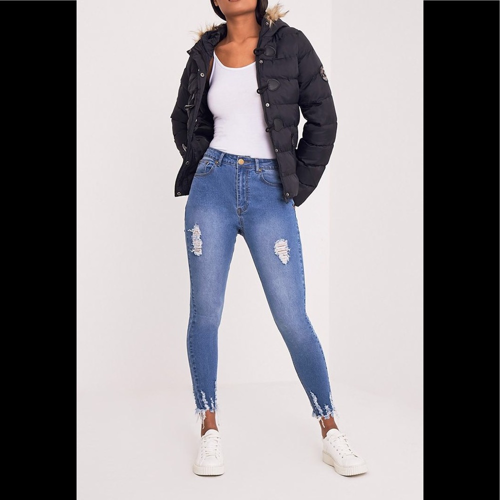 Mid Wash Cut Hem 5 Pocket Skinny Jean